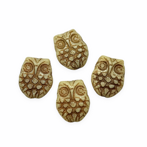 Czech glass horned owl beads 4pc opaque ivory beige bronze 18x15mm