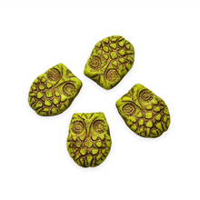 Load image into Gallery viewer, Czech glass horned owl beads 4pc opaque lime green bronze-Orange Grove Beads
