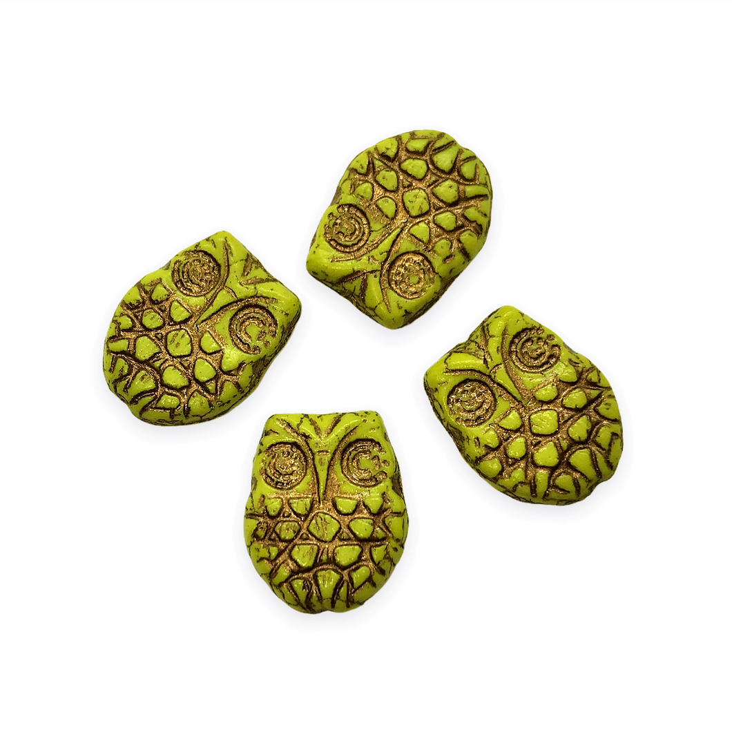 Czech glass horned owl beads 4pc opaque lime green bronze-Orange Grove Beads
