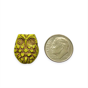 Czech glass horned owl beads 4pc opaque lime green bronze