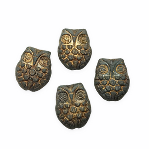 Czech glass horned owl beads 4pc matte blue black bronze 18x15mm-Orange Grove Beads