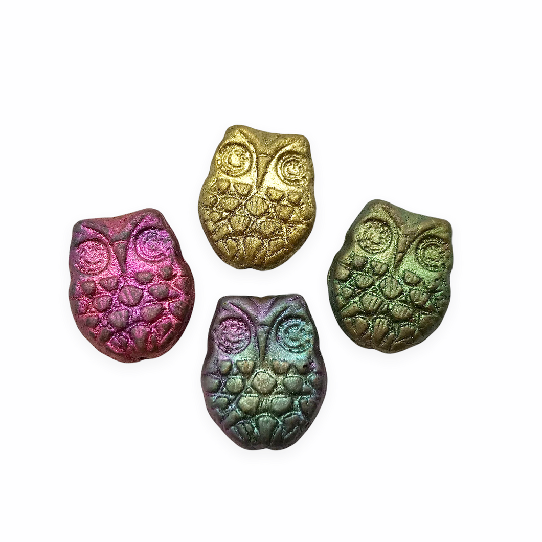 Czech glass horned owl beads 4pc raku style metallic rainbow 18x15mm=Orange Grove Beads