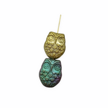 Load image into Gallery viewer, Czech glass horned owl beads 4pc raku style metallic rainbow 18x15mm
