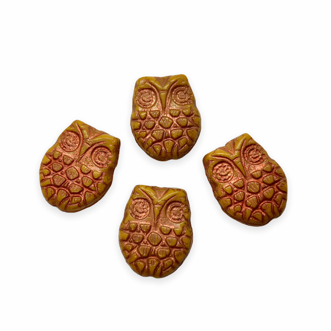 Czech glass horned owl beads 4pc mustard yellow copper-Orange Grove Beads