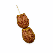 Load image into Gallery viewer, Czech glass horned owl beads 4pc mustard yellow copper
