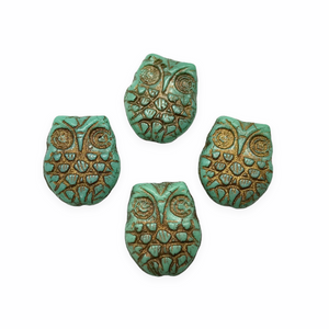 Czech glass horned owl beads 4pc blue green turquoise bronze 18x15mm-Orange Grove Beads