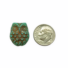 Load image into Gallery viewer, Czech glass horned owl beads 4pc blue green turquoise bronze 18x15mm
