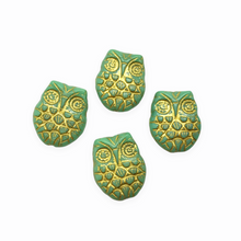 Load image into Gallery viewer, Czech glass horned owl beads 4pc blue green turquoise gold 18x15mm-Orange Grove Beads
