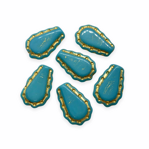Czech glass quilted horse shoe teardrop beads 10pc turquoise blue gold 16x11mm-Orange Grove Beads