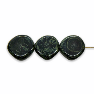 Czech glass irregular coin beads 13pc jet black travertine 15mm