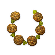 Load image into Gallery viewer, Czech glass Jack O&#39; Lantern pumpkin beads &amp; stems 6 sets (12pc) brown gold-Orange Grove Beads
