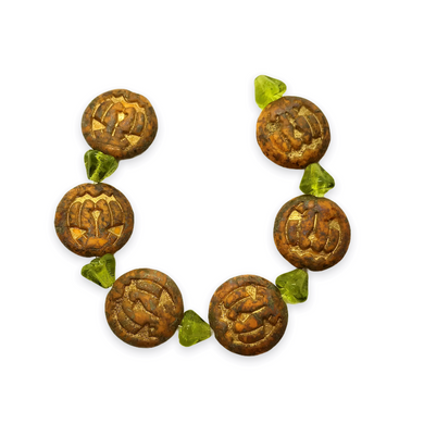 Czech glass Jack O' Lantern pumpkin beads & stems 6 sets (12pc) brown gold-Orange Grove Beads