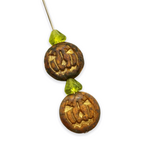 Load image into Gallery viewer, Czech glass Jack O&#39; Lantern pumpkin beads &amp; stems 6 sets (12pc) brown gold
