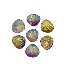 Load image into Gallery viewer, Czech glass large petal leaf drop beads 10pc etched purple blue gold 15x12mm #1-Orange Grove Beads
