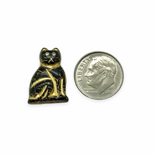 Load image into Gallery viewer, Czech glass large seated cat beads w/rhinestone eyes 4pc black gold 20mm
