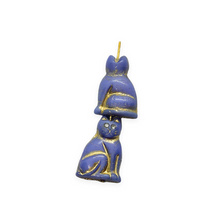 Load image into Gallery viewer, Czech glass large seated cat beads w/rhinestone eyes 4pc blue gold 20mm
