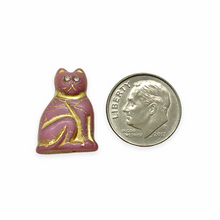 Load image into Gallery viewer, Czech glass large seated cat beads w/rhinestone eyes 4pc pink gold 20mm
