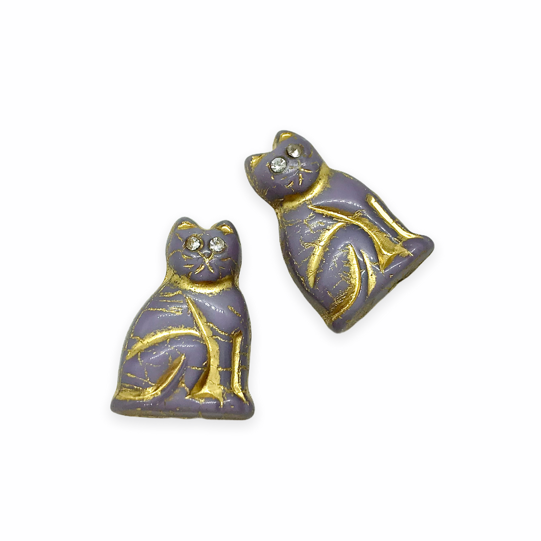 Czech glass large seated cat beads w/rhinestone eyes 4pc purple gold 20mm-Orange Grove Beads