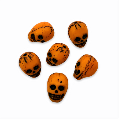 Czech glass skull beads 6pc opaque orange black decor 14mm-Orange Grove Beads
