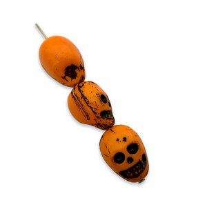 Czech glass skull beads 6pc opaque orange black decor 14mm
