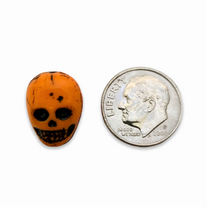 Czech glass skull beads 6pc opaque orange black decor 14mm