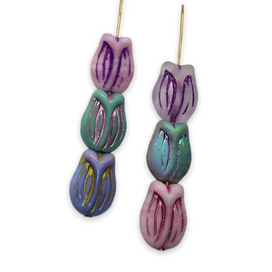 Czech glass tulip flower beads mix 12pc blue purple pink 16x11mm