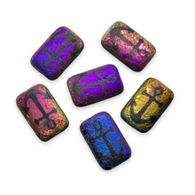 Load image into Gallery viewer, Czech glass rectangle laser tattoo anchor beads 6pc etched jet iris 18x12mm
