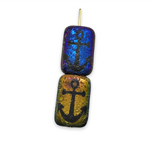 Load image into Gallery viewer, Czech glass rectangle laser tattoo anchor beads 6pc etched jet iris 18x12mm

