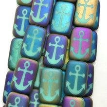 Load image into Gallery viewer, Czech glass rectangle laser tattoo anchor beads 6pc turquoise sliperit 18x12mm-Orange Grove Beads
