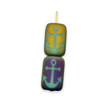 Load image into Gallery viewer, Czech glass rectangle laser tattoo anchor beads 6pc turquoise sliperit 18x12mm
