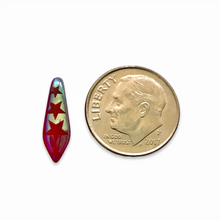 Load image into Gallery viewer, Czech glass dagger beads 25pc laser etched stars red AB 15x5mm
