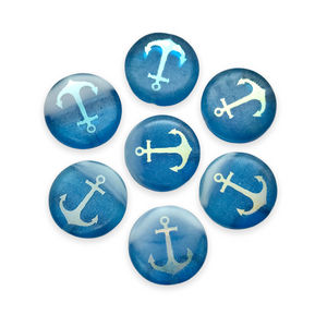 Czech glass laser tattoo anchor coin beads 8pc blue white AB 14mm