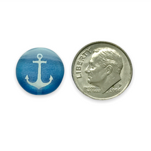 Load image into Gallery viewer, Czech glass laser tattoo anchor coin beads 8pc blue white AB 14mm
