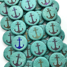 Load image into Gallery viewer, Czech glass laser tattoo anchor coin beads 8pc etched turquoise sliperit 14mm-Orange Grove Beads
