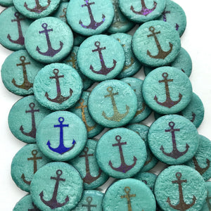 Czech glass laser tattoo anchor coin beads 8pc etched turquoise sliperit 14mm-Orange Grove Beads
