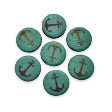 Load image into Gallery viewer, Czech glass laser tattoo anchor coin beads 8pc etched turquoise sliperit 14mm
