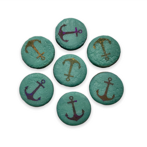 Czech glass laser tattoo anchor coin beads 8pc etched turquoise sliperit 14mm