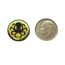 Load image into Gallery viewer, Czech glass laser tattoo octopus coin beads 8pc jet black AB 17mm
