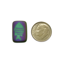 Load image into Gallery viewer, Czech glass laser tattoo fish rectangle beads 6pc matte turquoise sliperit 18x12mm
