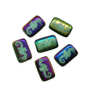 Czech glass laser tattoo seahorse rectangle beads 6pc opaque turquoise 18x12mm-Orange Grove Beads