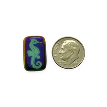 Load image into Gallery viewer, Czech glass laser tattoo seahorse rectangle beads 6pc turquoise sliperit 18x12mm
