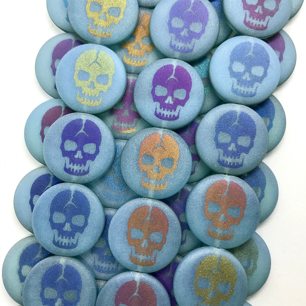 Czech glass laser tattoo skull coin beads 8pc blue sliperit 17mm-Orange Grove Beads