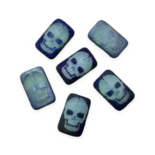 Load image into Gallery viewer, Czech glass laser tattoo skull rectangle beads 6pc etched blue azuro 18x12mm-Orange Grove Beads
