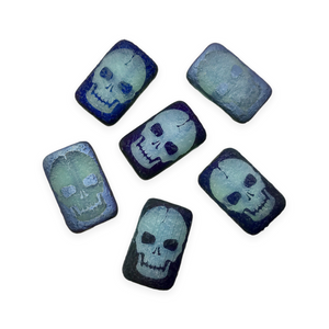Czech glass laser tattoo skull rectangle beads 6pc etched blue azuro 18x12mm-Orange Grove Beads