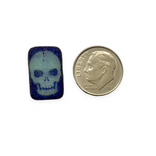 Load image into Gallery viewer, Czech glass laser tattoo skull rectangle beads 6pc etched blue azuro 18x12mm
