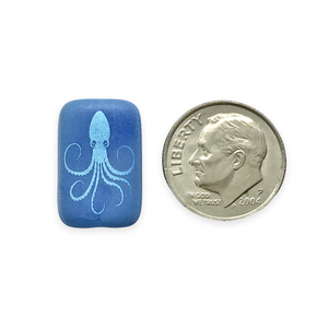 Czech glass rectangle laser tattoo squid beads 6pc matte blue AB 18x12mm