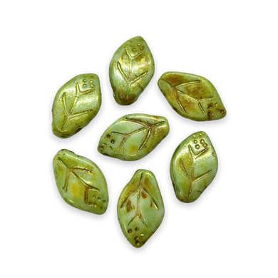 Czech glass leaf beads 25pc chalk green picasso 12x7mm-Orange Grove Beads 