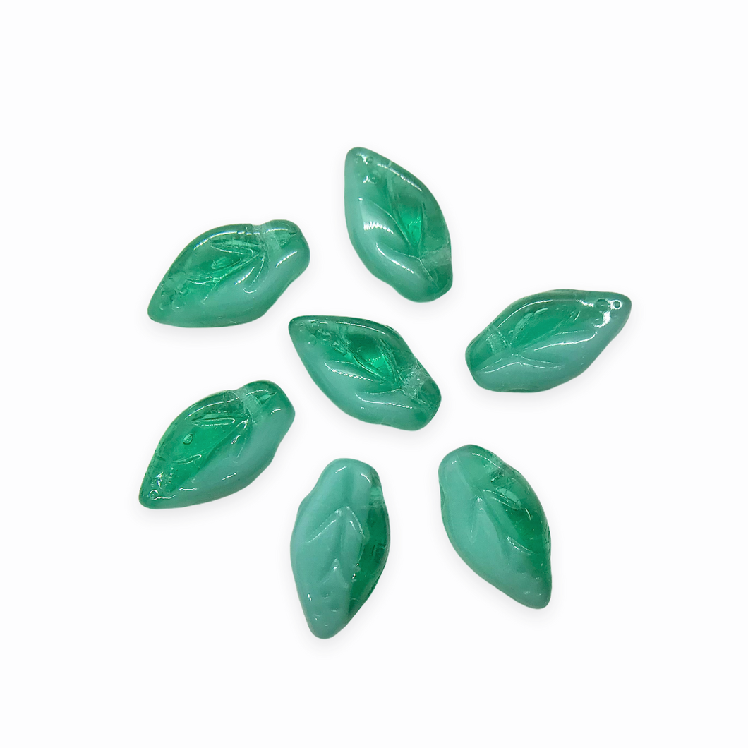 Czech glass small leaf beads 30pc emerald turquoise blend 10x6mm-Orange Grove Beads