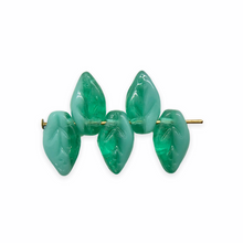 Load image into Gallery viewer, Czech glass small leaf beads 30pc emerald turquoise blend 10x6mm
