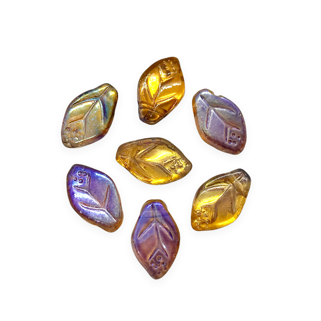Czech glass leaf beads 25pc autumn golden purple orange metallic 12x7mm-Orange Grove Beads
